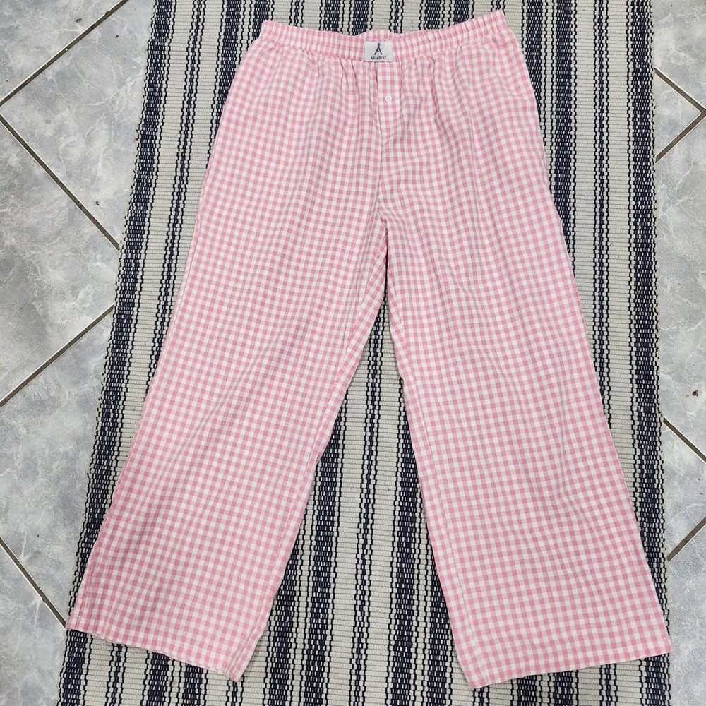 Anrabess Pink Gingham Wide Leg Pajama Pants XL Elastic Waist Lounge Pockets